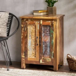 Greenler Boho Handcrafted 2 Door Wood Sideboard Natural/Multi Colored - Christopher Knight Home
