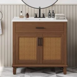 Christopher Knight Home Behram Modern 36" Rattan And Wood Bathroom Vanity With Ceramic Sink And 3 Drawers -Christopher Knight Home GUEST 17ad3fd7 64f5 4134 bbee c51da50c5310