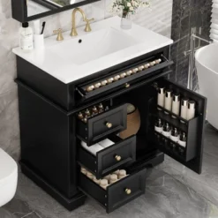 Christopher Knight Home Alonzo Modern 30" Bathroom Vanity With Ceramic Sink, One Shelf And Four Drawers