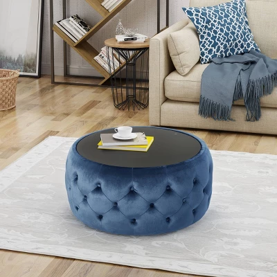 Chana Glam Coffee Table Ottoman Blue - Christopher Knight Home: Velvet, Tempered Glass, Luxury Living Room Furniture 5 Chana Glam Coffee Table Ottoman Blue - Christopher Knight Home: Velvet, Tempered Glass, Luxury Living Room Furniture - Image 3