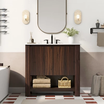Christopher Knight Home Raisa 35" Modern Bathroom Vanity With Rectangle Ceramic Sink And Open Shelf 12 Christopher Knight Home Raisa 35" Modern Bathroom Vanity With Rectangle Ceramic Sink And Open Shelf - Image 10