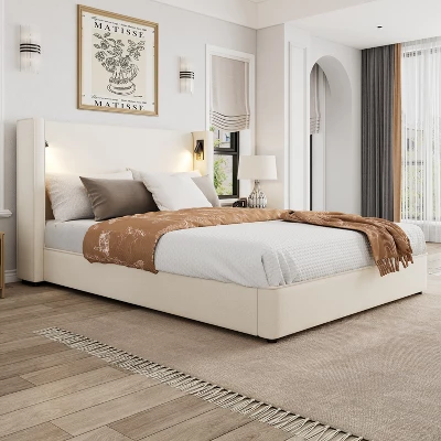 Christopher Knight Home Angelo Wood Upholstered Platform Bed With Headboard And Reading Lamp, White 3 Christopher Knight Home Angelo Wood Upholstered Platform Bed With Headboard And Reading Lamp, White