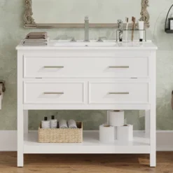 Christopher Knight Home Lowell Contemporary 36" Bathroom Vanity With Ceramic Sink, Tip-Out Tray, 2 Drawers And Open Shelf -Christopher Knight Home GUEST 4581c625 107f 4eb0 b119 baafdbe70db9