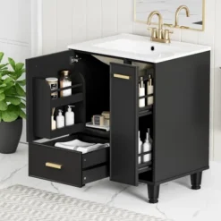 Christopher Knight Home Able 24" Bathroom Vanity With Ceramic Sink, 2-Tier Pull-Out Basket And Deep Drawer