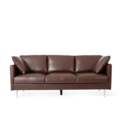 Brockbank Modern Faux Leather 3 Seater Sofa With Pillows - Christopher Knight Home -Christopher Knight Home GUEST 460244b0 449e 488f 92c5 40b6fc0ffb69