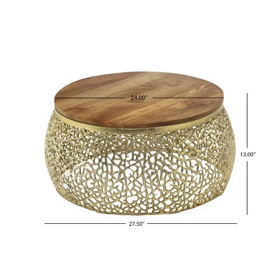 Christopher Knight Home Mandi Modern Aluminium And Mango Wood Handcrafted Round Coffee Table 4 Christopher Knight Home Mandi Modern Aluminium And Mango Wood Handcrafted Round Coffee Table - Image 2