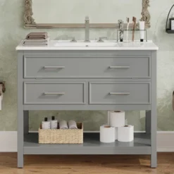 Christopher Knight Home Lowell Contemporary 36" Bathroom Vanity With Ceramic Sink, Tip-Out Tray, 2 Drawers And Open Shelf -Christopher Knight Home GUEST 5124c5b2 25be 4298 bbce fb7d93ec6a78