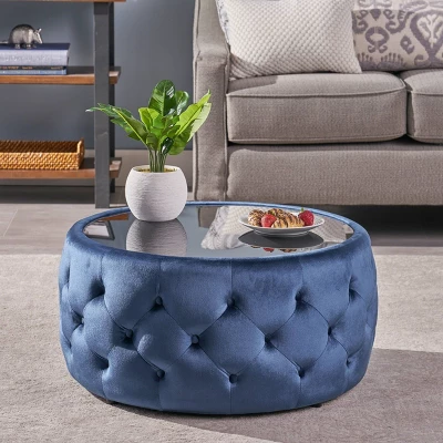Chana Glam Coffee Table Ottoman Blue - Christopher Knight Home: Velvet, Tempered Glass, Luxury Living Room Furniture 3 Chana Glam Coffee Table Ottoman Blue - Christopher Knight Home: Velvet, Tempered Glass, Luxury Living Room Furniture