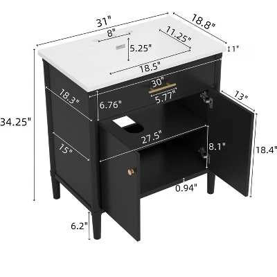 Christopher Knight Home Kachina Modern 31" Bathroom Vanity With Ceramic Sink, 2 Doors And Adjustable Shelf 4 Christopher Knight Home Kachina Modern 31" Bathroom Vanity With Ceramic Sink, 2 Doors And Adjustable Shelf - Image 2