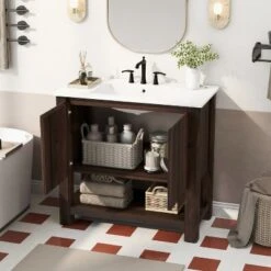Christopher Knight Home Raisa 35" Modern Bathroom Vanity With Rectangle Ceramic Sink And Open Shelf