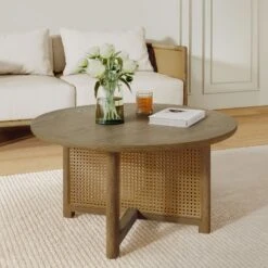 Christopher Knight Home Nova Farmhouse Rattan Rubberwood Round Coffee Table With Criss Cross Design -Christopher Knight Home GUEST 98f959ac 9ea3 45cb a00b 7321ca4a8602