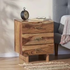 Terrell Handcrafted Boho Acacia Wood 3 Drawer Nightstand Dark Natural - Christopher Knight Home