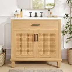 Christopher Knight Home Behram Modern 36" Rattan And Wood Bathroom Vanity With Ceramic Sink And 3 Drawers -Christopher Knight Home GUEST b3bc1070 9242 4a6c b843 c92f7bd1e7b8