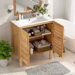 Christopher Knight Home Ramona 30" Mid-Century Modern Bathroom Vanity With Ceramic Sink, Antique Natural