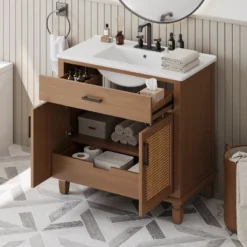 Christopher Knight Home Behram Modern 36" Rattan And Wood Bathroom Vanity With Ceramic Sink And 3 Drawers