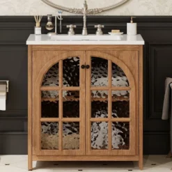 Christopher Knight Home Richter Vintage 31" Bathroom Vanity With Ceramic Sink, Tempered Glass Doors And Adjustable Shelves -Christopher Knight Home GUEST ce57d95d 020c 4beb b4da c407f5316fdb