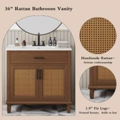 Christopher Knight Home Behram Modern 36" Rattan And Wood Bathroom Vanity With Ceramic Sink And 3 Drawers -Christopher Knight Home GUEST cefa20c5 17a1 44fc a7ad 0cd57ff0c8b2