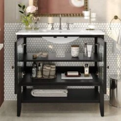 Christopher Knight Home Birgit 36" Modern Bathroom Vanity With Ceramic Sink And Adjustable Shelf