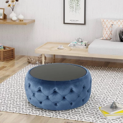 Chana Glam Coffee Table Ottoman Blue - Christopher Knight Home: Velvet, Tempered Glass, Luxury Living Room Furniture 4 Chana Glam Coffee Table Ottoman Blue - Christopher Knight Home: Velvet, Tempered Glass, Luxury Living Room Furniture - Image 2