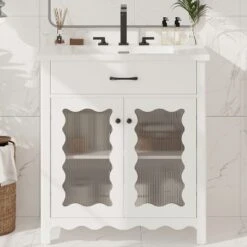 Christopher Knight Home Wiro Modern 31" Bathroom Vanity With Ceramic Sink, Tempered Glass Doors And Adjustable Shelves -Christopher Knight Home GUEST d1d6cb0e 5dd9 4145 ba0b d35cb4ca30ce