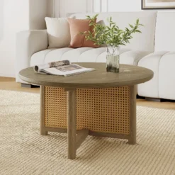 Christopher Knight Home Nova Farmhouse Rattan Rubberwood Round Coffee Table With Criss Cross Design