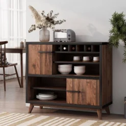 Hurlbut Modern Industrial Wooden 6 Bottle Wine Cabinet Walnut/Black/Dark Brown - Christopher Knight Home