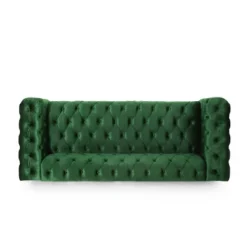 Sagewood Contemporary Velvet Tufted 3 Seater Sofa Emerald/Espresso - Christopher Knight Home -Christopher Knight Home GUEST da7d69f2 8bf2 4b4a bd05 09744fa197e2