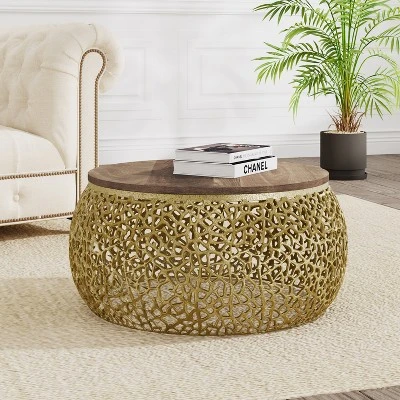 Christopher Knight Home Mandi Modern Aluminium And Mango Wood Handcrafted Round Coffee Table 8 Christopher Knight Home Mandi Modern Aluminium And Mango Wood Handcrafted Round Coffee Table - Image 6