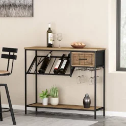 Boster Boho Industrial 8 Bottle Wine Rack Console Table With Storage Natural/Black - Christopher Knight Home